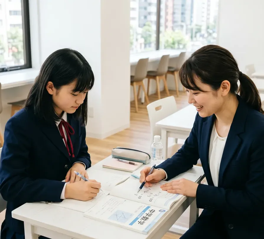 無料体験会の授業で勉強のアドバイスを講師から生徒が受けているシーン