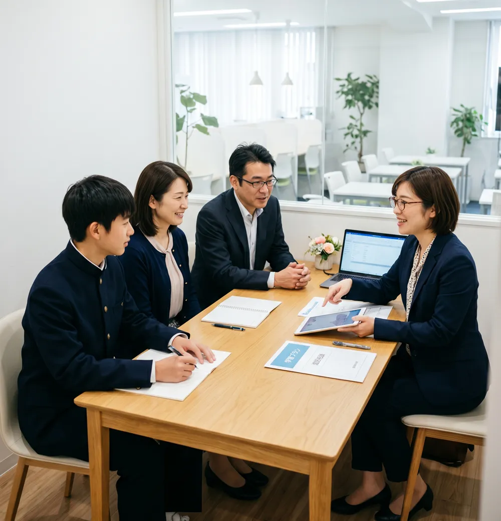 親子で入塾の説明を受けているシーン