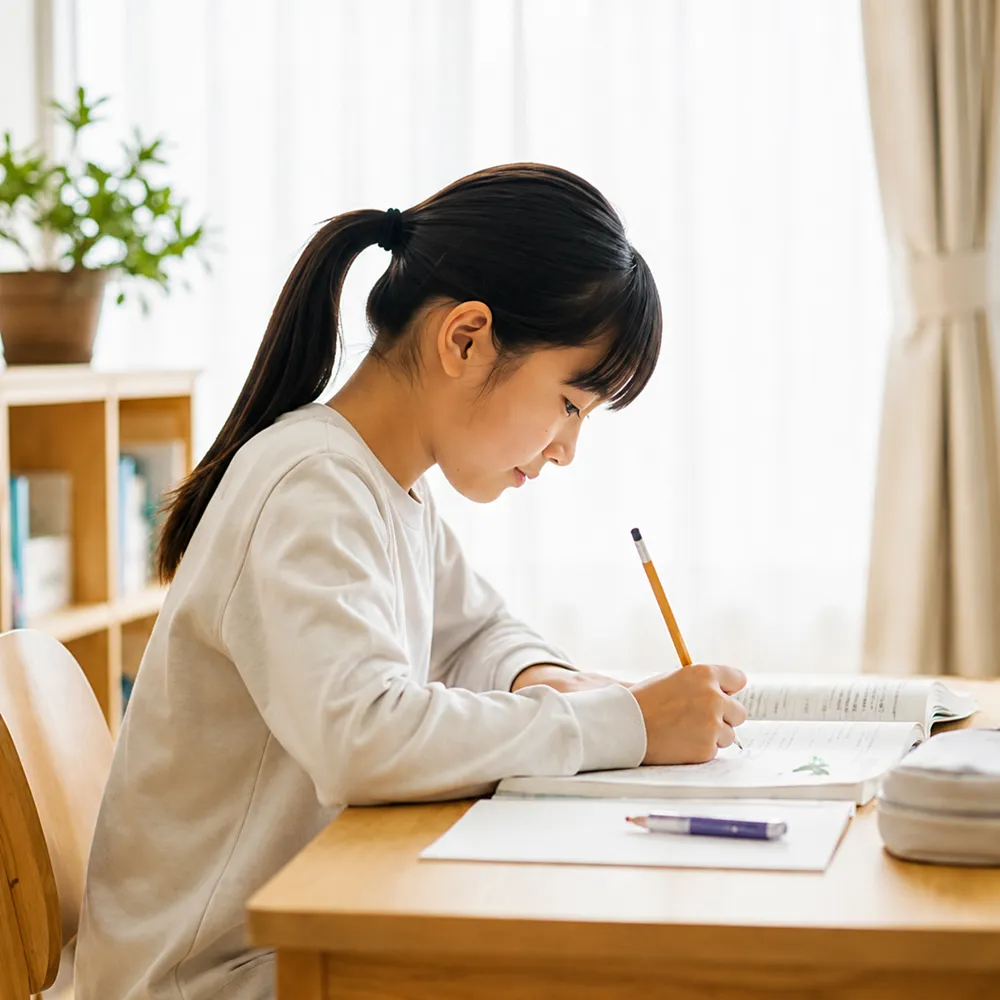 小学生による中学受験用の受験対策を行っているシーン