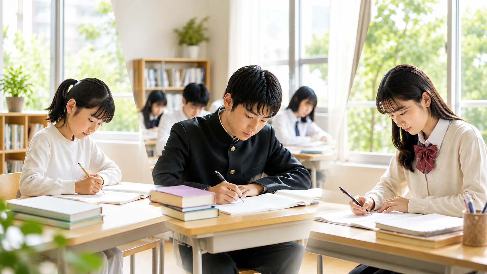 小中高の生徒たちが受験に向けて真剣に勉強している様子