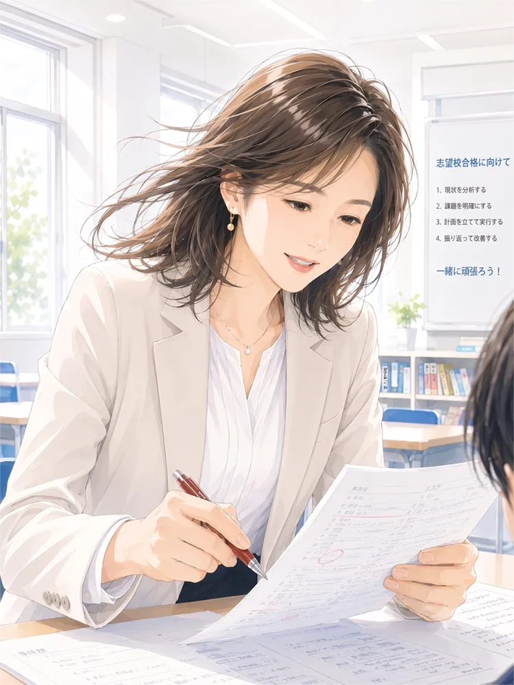 塾のプロ講師が生徒に志望校合格のための受験勉強のポイントを個別指導しているシーン