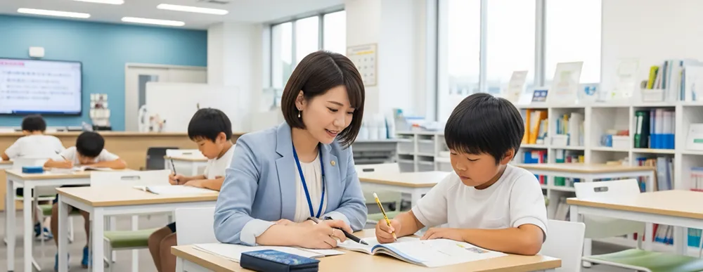 講師が中学生の生徒に大学受験の試験問題模試を丁寧に教えている個別指導塾のワンシーン（スマホ表示用）