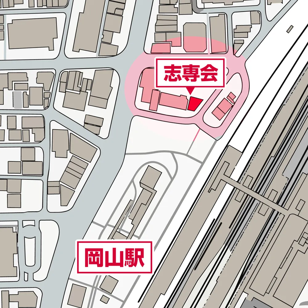 岡山駅西口近くにある受験対策専門塾「志専会」のアクセスマップ俯瞰図