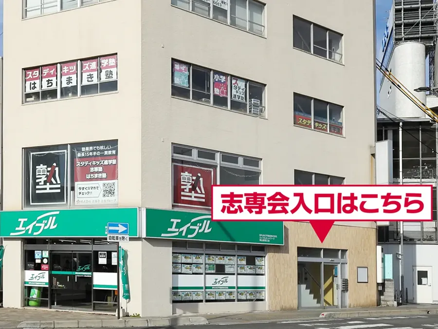 岡山駅西口付近と志専会の建物入口の写真