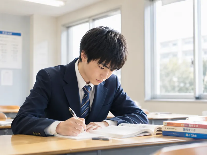 高校1年生の生徒が志望する大学への受験対策の勉強をしている