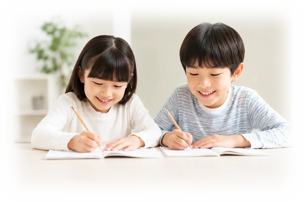 小学生の兄妹が楽しく塾で勉強をしているシーン
